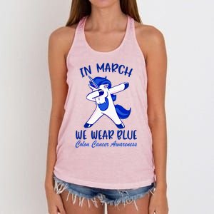 Funny Unicorn In March We Wear Blue Colon Cancer Awareness Gift Women's Knotted Racerback Tank