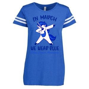 Funny Unicorn In March We Wear Blue Colon Cancer Awareness Gift Enza Ladies Jersey Football T-Shirt