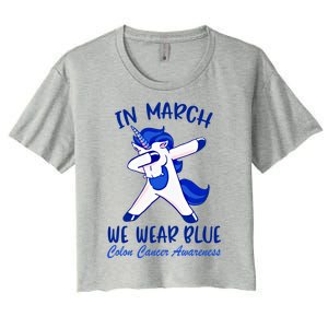 Funny Unicorn In March We Wear Blue Colon Cancer Awareness Gift Women's Crop Top Tee