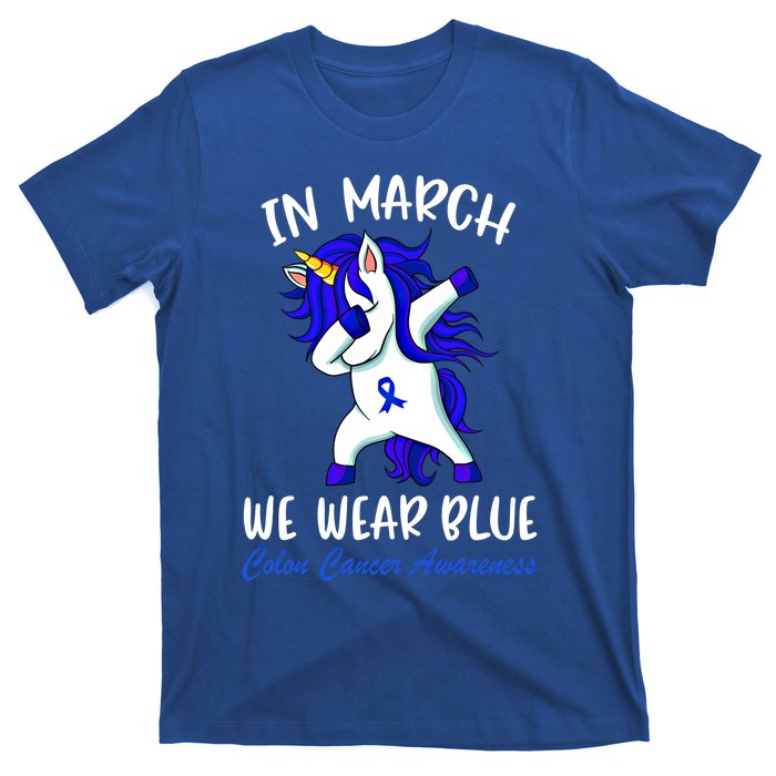 Funny Unicorn In March We Wear Blue Colon Cancer Awareness Meaningful Gift T-Shirt