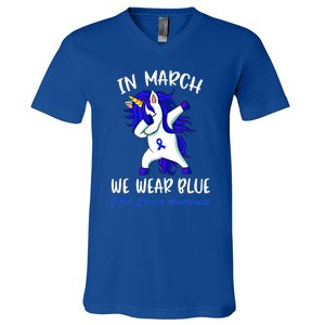 Funny Unicorn In March We Wear Blue Colon Cancer Awareness Meaningful Gift V-Neck T-Shirt