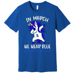 Funny Unicorn In March We Wear Blue Colon Cancer Awareness Meaningful Gift Premium T-Shirt