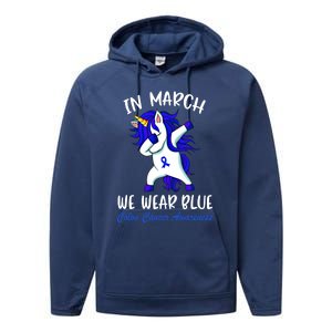 Funny Unicorn In March We Wear Blue Colon Cancer Awareness Meaningful Gift Performance Fleece Hoodie