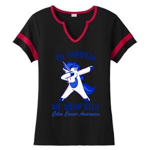 Funny Unicorn In March We Wear Blue Colon Cancer Awareness Funny Gift Ladies Halftime Notch Neck Tee