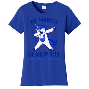 Funny Unicorn In March We Wear Blue Colon Cancer Awareness Funny Gift Women's T-Shirt