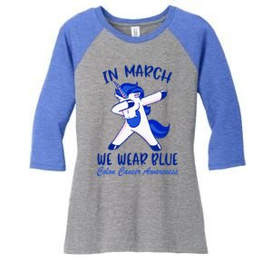 Funny Unicorn In March We Wear Blue Colon Cancer Awareness Funny Gift Women's Tri-Blend 3/4-Sleeve Raglan Shirt