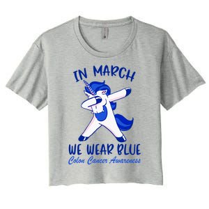 Funny Unicorn In March We Wear Blue Colon Cancer Awareness Funny Gift Women's Crop Top Tee