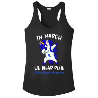 Funny Unicorn In March We Wear Blue Colon Cancer Awareness Cute Gift Ladies PosiCharge Competitor Racerback Tank