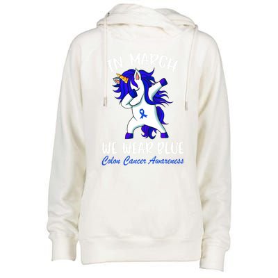 Funny Unicorn In March We Wear Blue Colon Cancer Awareness Cute Gift Womens Funnel Neck Pullover Hood