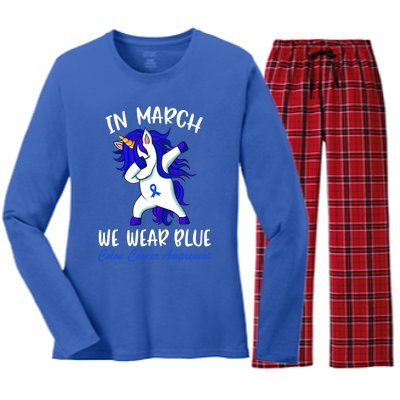 Funny Unicorn In March We Wear Blue Colon Cancer Awareness Cute Gift Women's Long Sleeve Flannel Pajama Set 