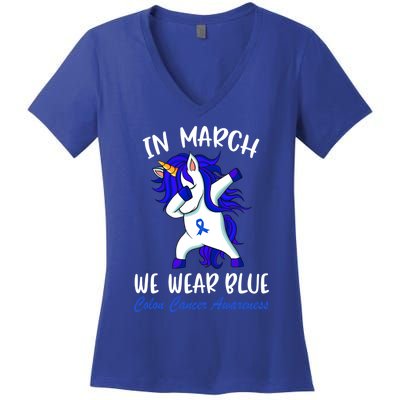 Funny Unicorn In March We Wear Blue Colon Cancer Awareness Cute Gift Women's V-Neck T-Shirt