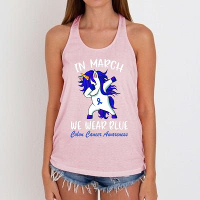 Funny Unicorn In March We Wear Blue Colon Cancer Awareness Cute Gift Women's Knotted Racerback Tank