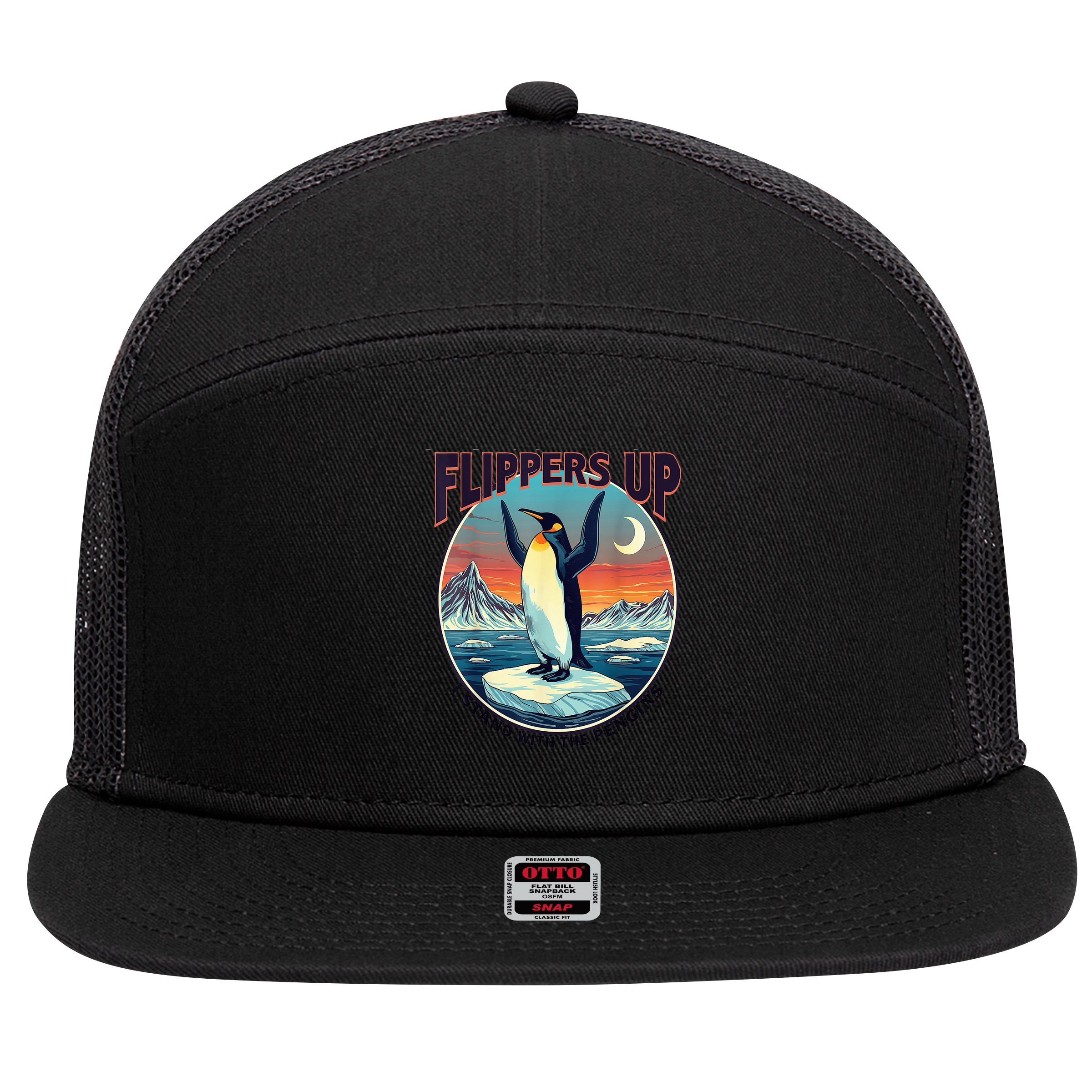 Flippers Up I Stand With The Penguins 7 Panel Mesh Trucker Snapback Hat