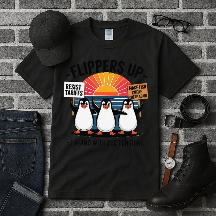 Flippers Up I Stand With Penguins Against Tariffs USA Tall T-Shirt