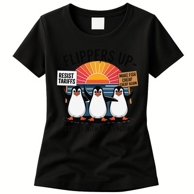 Flippers Up I Stand With Penguins Against Tariffs USA Womens T-Shirt