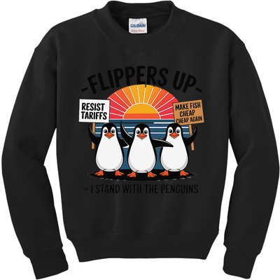 Flippers Up I Stand With Penguins Against Tariffs USA Kids Sweatshirt