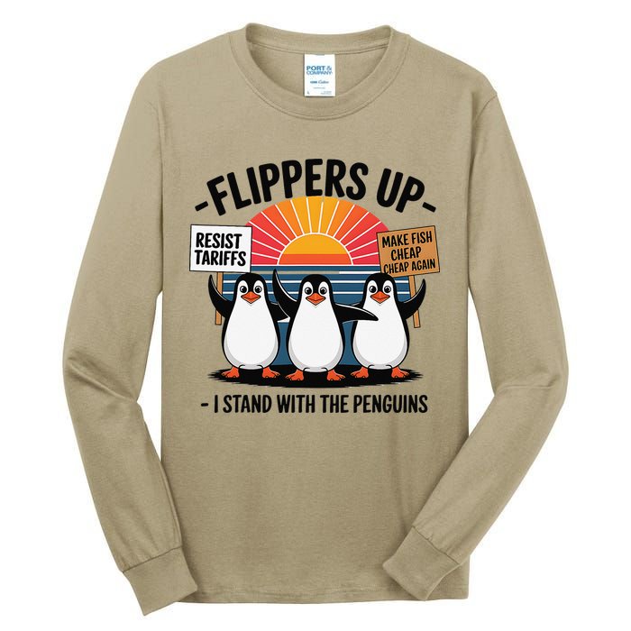 Flippers Up I Stand With Penguins Against Tariffs USA Tall Long Sleeve T-Shirt