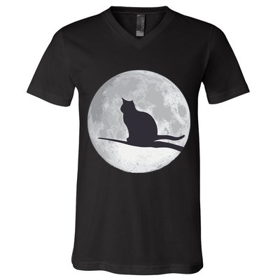 Full Moon Cat Silhouette Halloween V-Neck T-Shirt