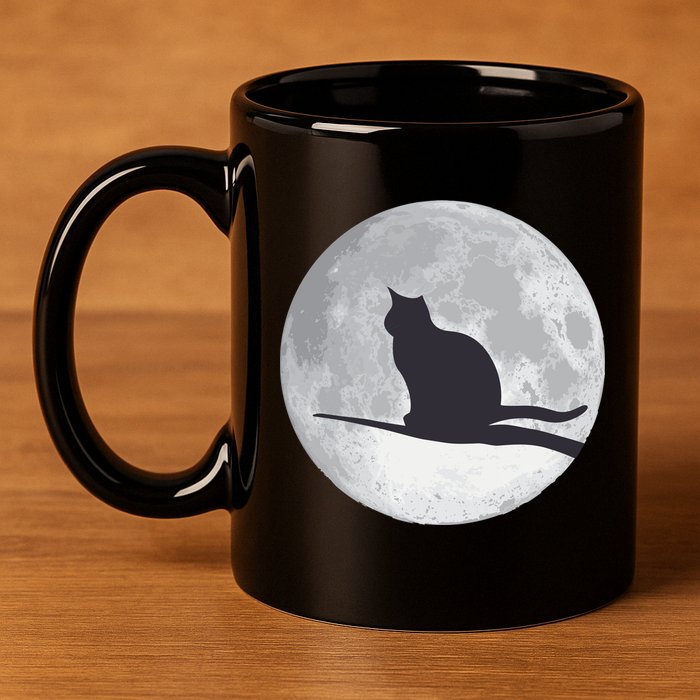Full Moon Cat Silhouette Halloween 11oz C Handle Ceramic Mug