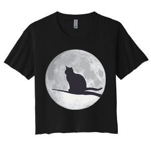 Full Moon Cat Silhouette Halloween Women's Crop Top Tee