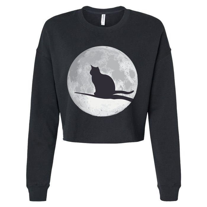 Full Moon Cat Silhouette Halloween Cropped Pullover Crew