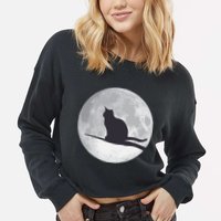 Full Moon Cat Silhouette Halloween Cropped Pullover Crew