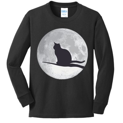 Full Moon Cat Silhouette Halloween Kids Long Sleeve Shirt