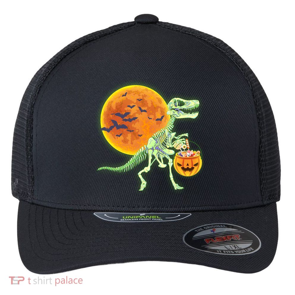 Full Moon T-Rex Dinosaur Skeleton Candy Flexfit Unipanel Trucker Cap