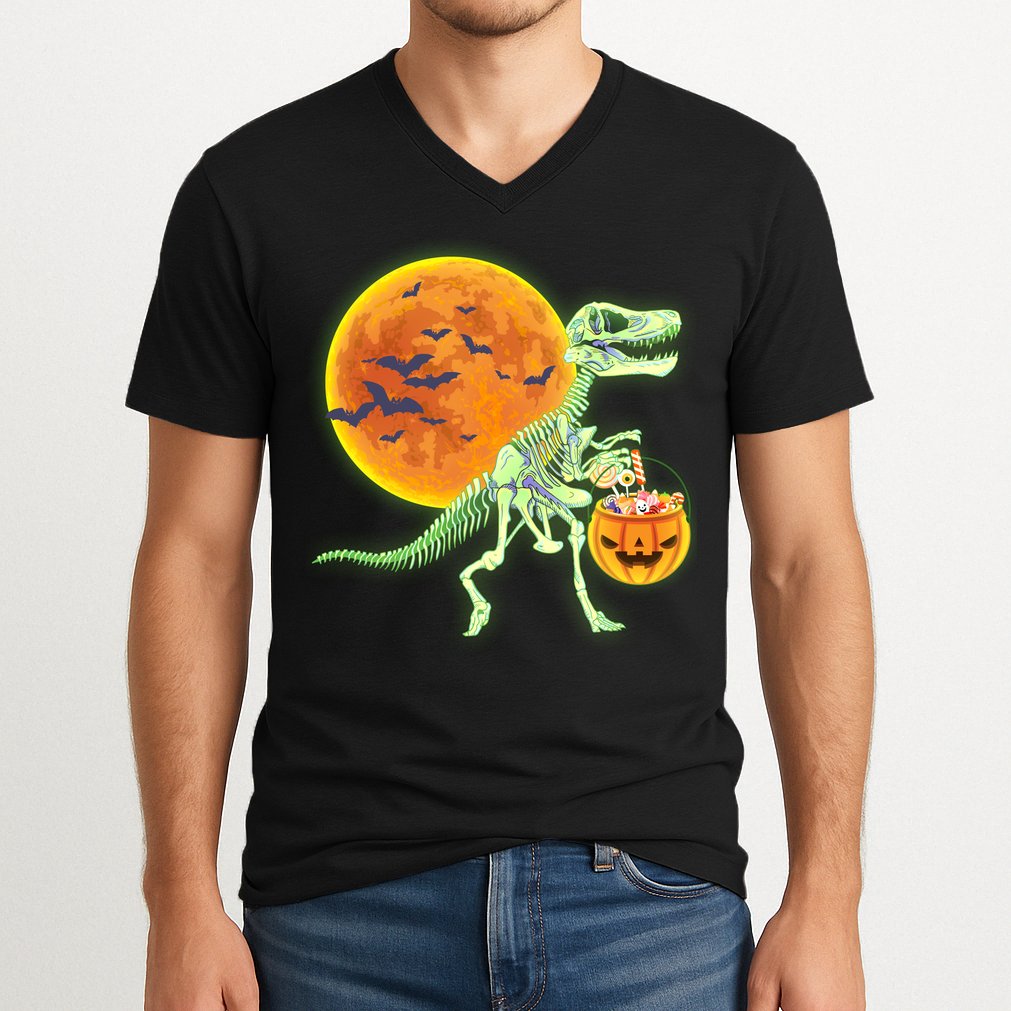 Full Moon T-Rex Dinosaur Skeleton Candy V-Neck T-Shirt