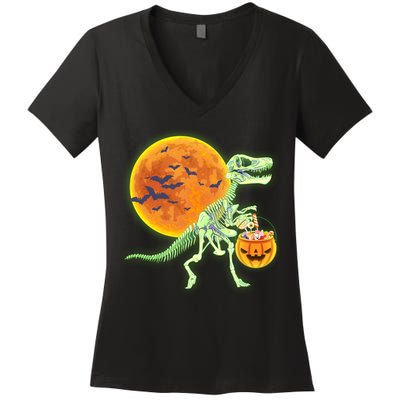 Full Moon T-Rex Dinosaur Skeleton Candy Women's V-Neck T-Shirt