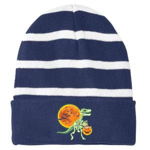 Full Moon T-Rex Dinosaur Skeleton Candy Striped Beanie with Solid Band