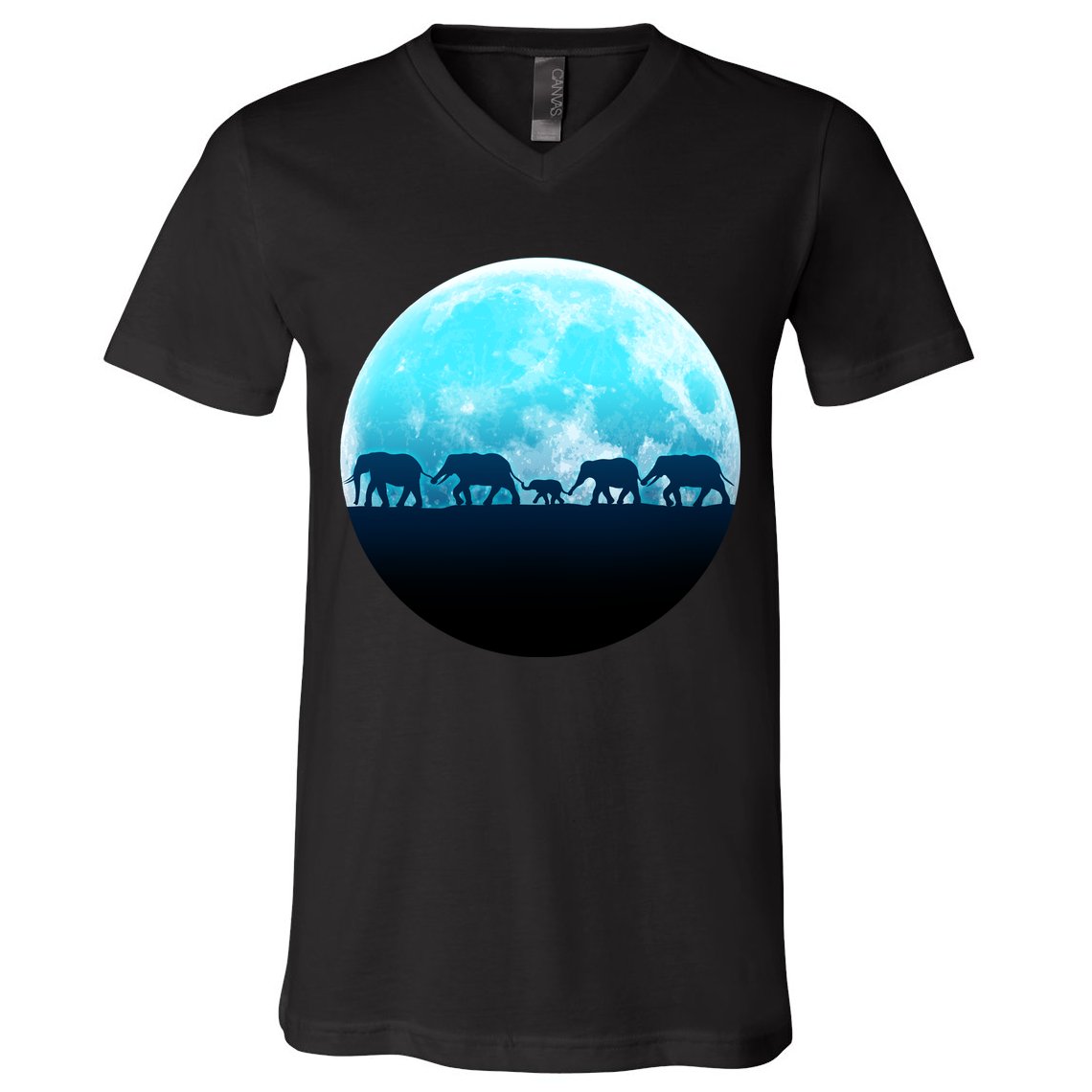 Full Moon With Elephant Family V-Neck T-Shirt