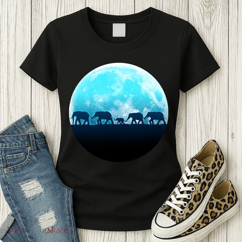 Full Moon With Elephant Family Womens T-Shirt