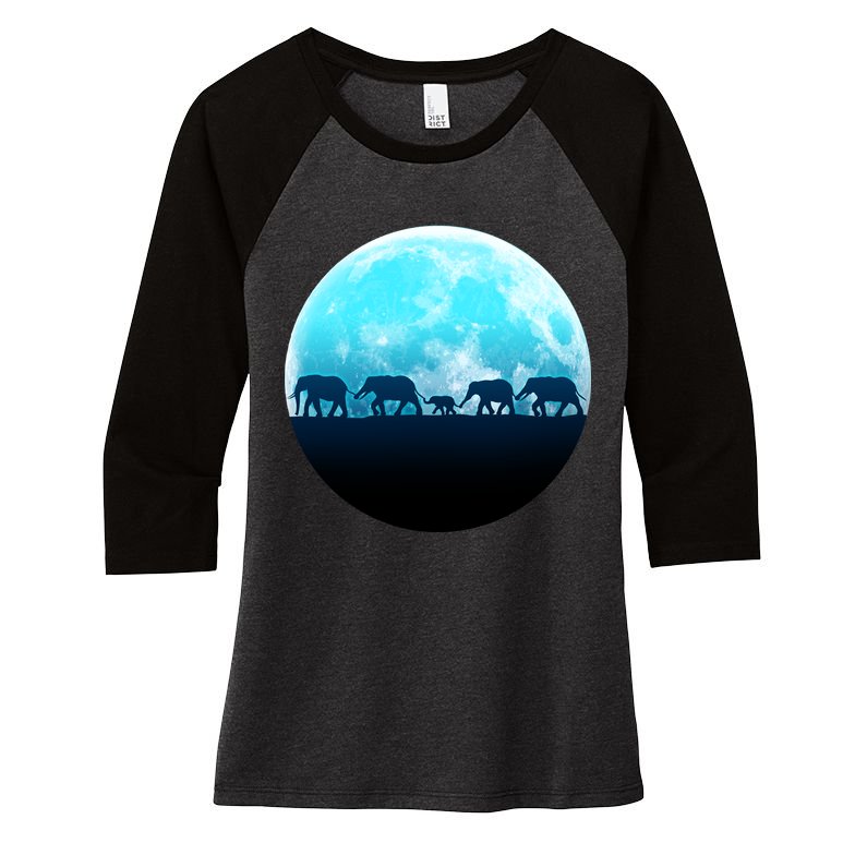 Full Moon With Elephant Family Women's Tri-Blend 3/4-Sleeve Raglan Shirt