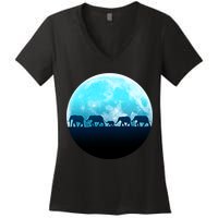 Full Moon With Elephant Family Women's V-Neck T-Shirt