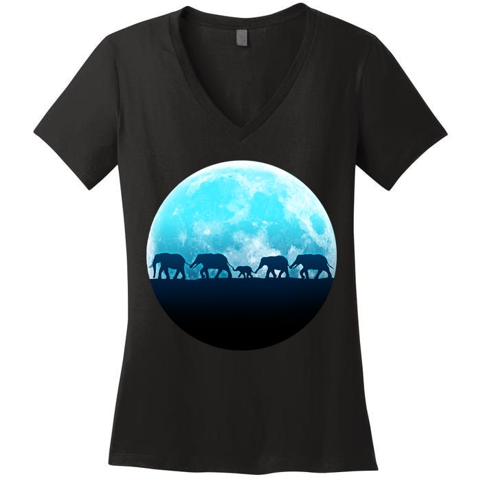 Full Moon With Elephant Family Women's V-Neck T-Shirt