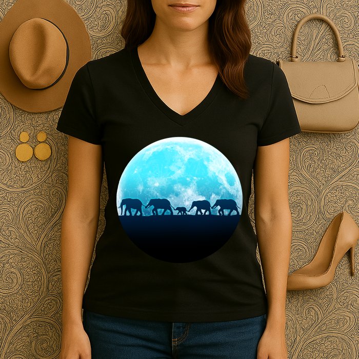 Full Moon With Elephant Family Women's V-Neck T-Shirt