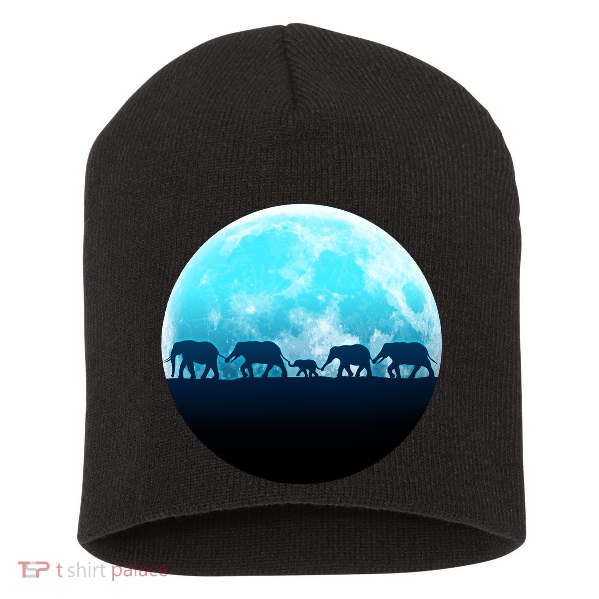 Full Moon With Elephant Family Short Acrylic Beanie