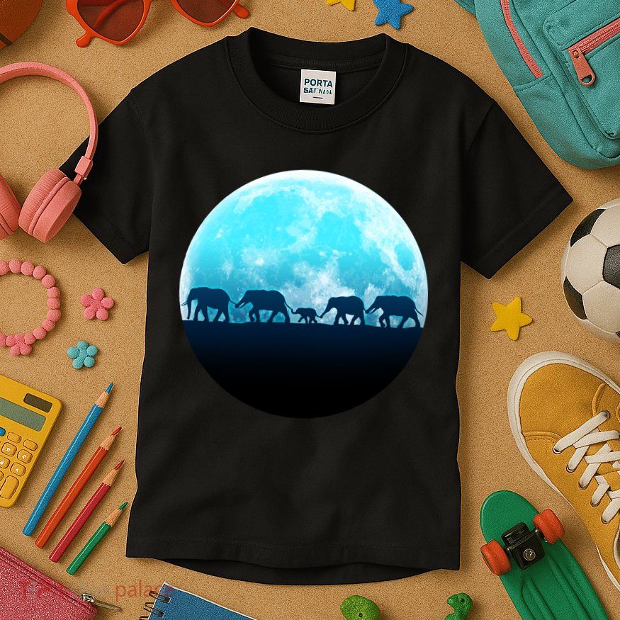 Full Moon With Elephant Family Kids T-Shirt