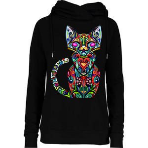 Fun Trippy Cat Womens Funnel Neck Pullover Hood