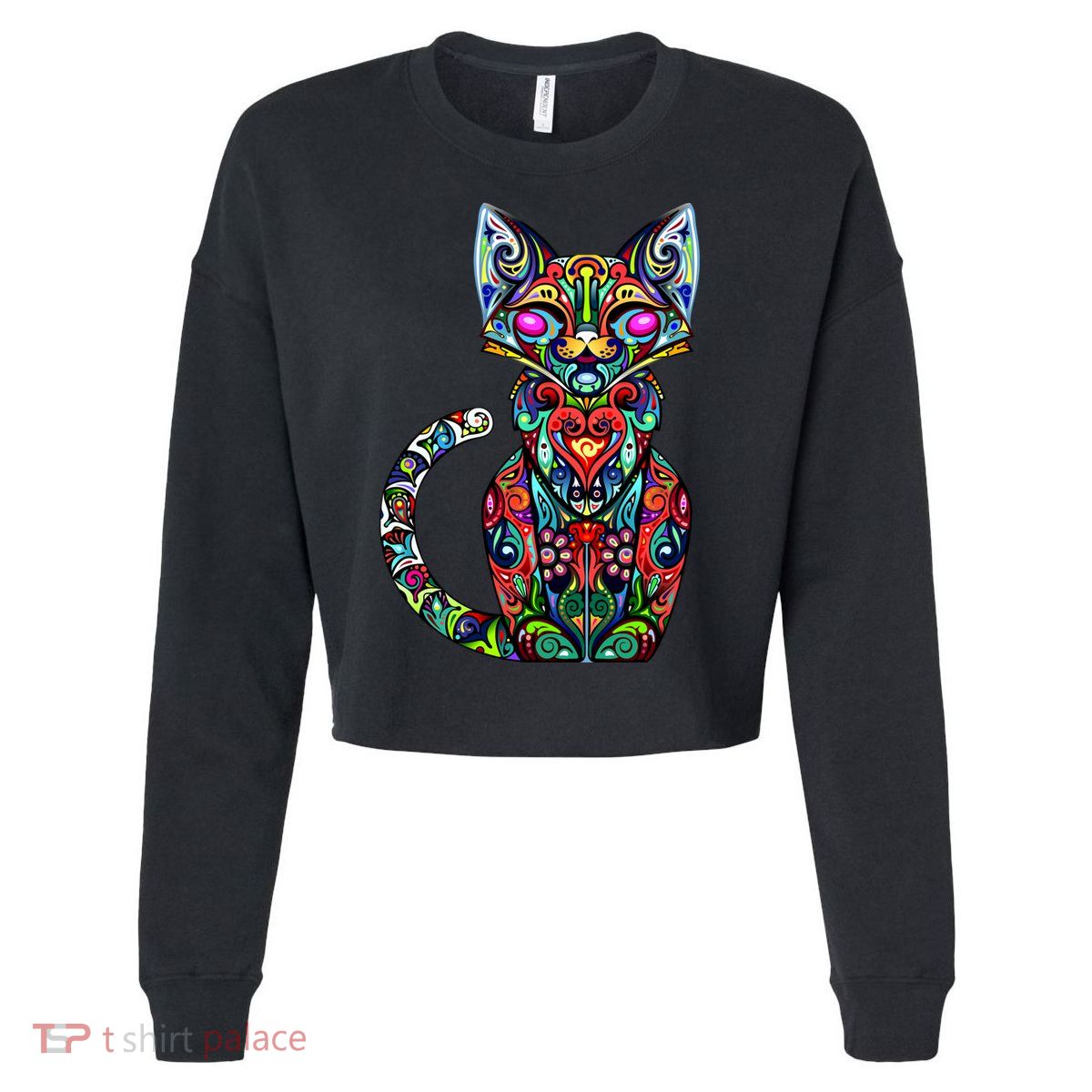 Fun Trippy Cat Cropped Pullover Crew