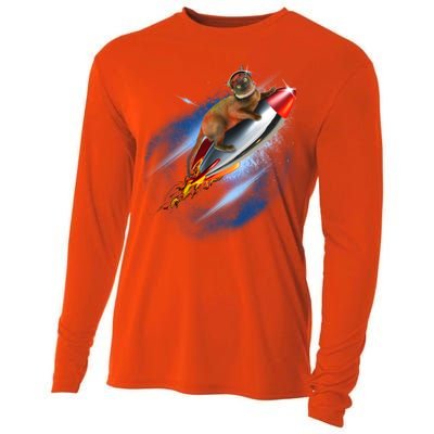 Funny Astronaut Cat Blasting Off In Space Cooling Performance Long Sleeve Crew