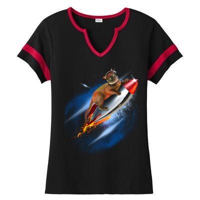 Funny Astronaut Cat Blasting Off In Space Ladies Halftime Notch Neck Tee