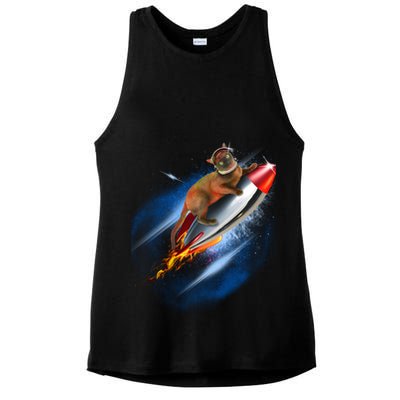 Funny Astronaut Cat Blasting Off In Space Ladies PosiCharge Tri-Blend Wicking Tank