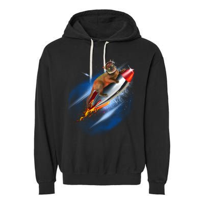 Funny Astronaut Cat Blasting Off In Space Garment-Dyed Fleece Hoodie