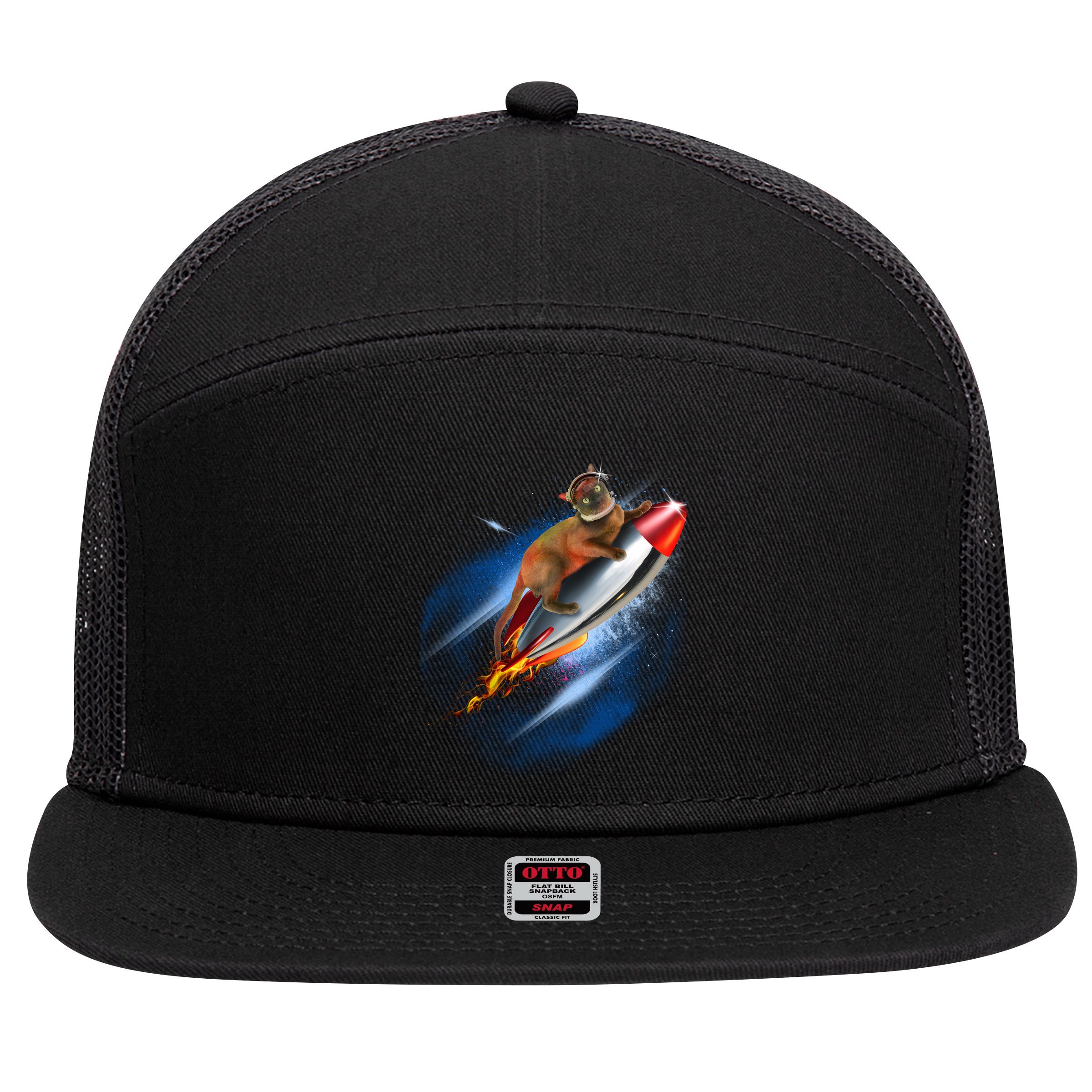 Funny Astronaut Cat Blasting Off In Space 7 Panel Mesh Trucker Snapback Hat