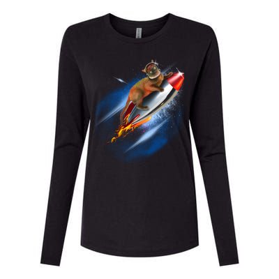 Funny Astronaut Cat Blasting Off In Space Womens Cotton Relaxed Long Sleeve T-Shirt