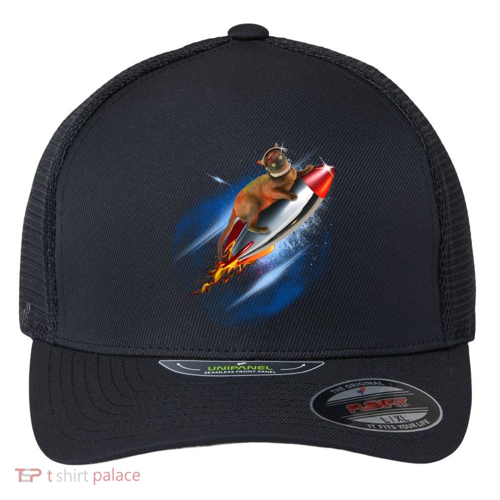 Funny Astronaut Cat Blasting Off In Space Flexfit Unipanel Trucker Cap