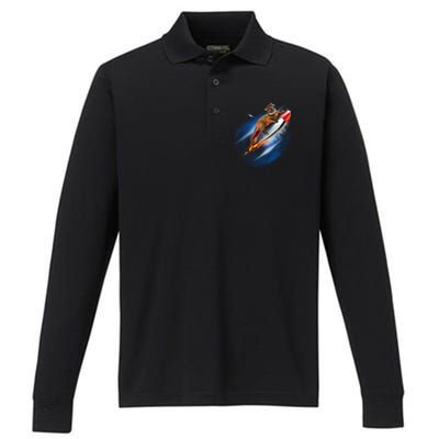 Funny Astronaut Cat Blasting Off In Space Performance Long Sleeve Polo