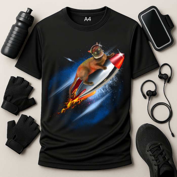 Funny Astronaut Cat Blasting Off In Space Performance Shirt